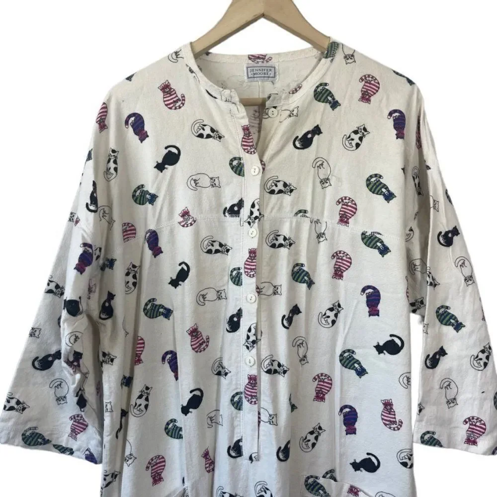 Jennifer Moore Off‎ White Cotton Flannel Cat Print Onesie Sz M
